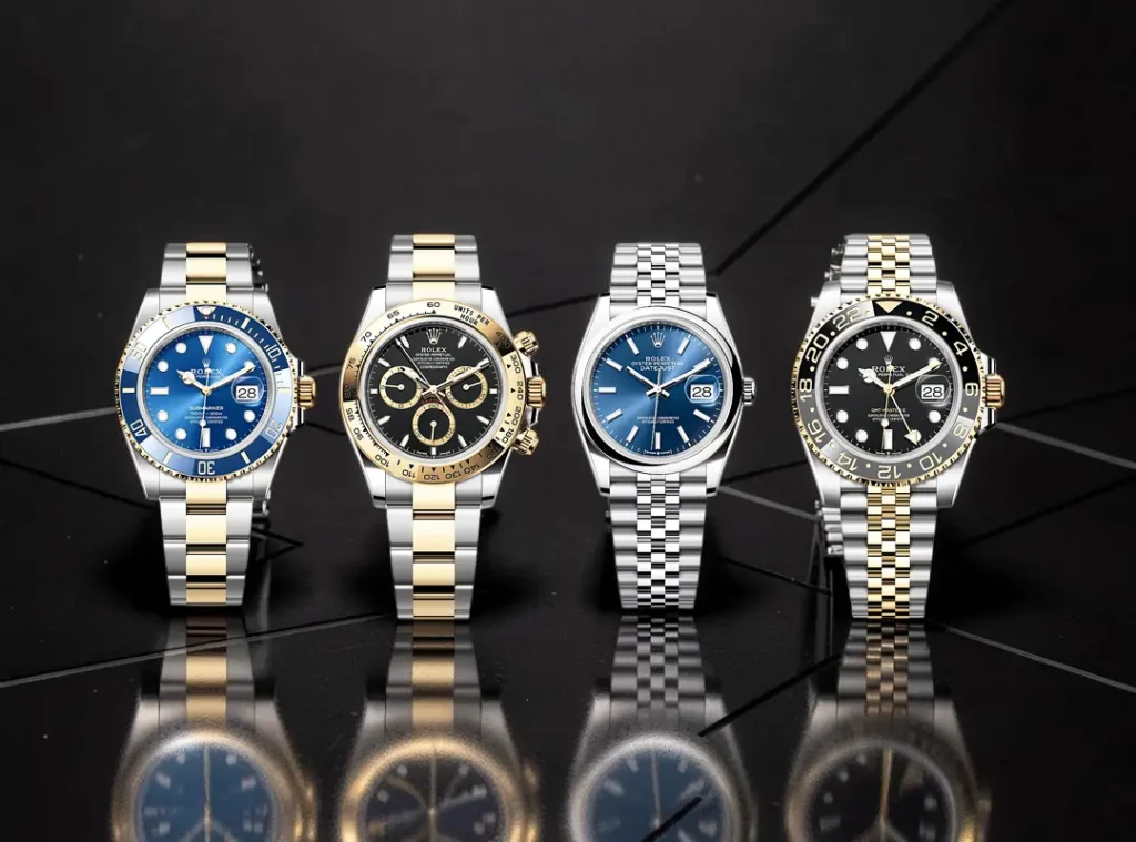 different rolex style watches including diver chronograph and dress watch
